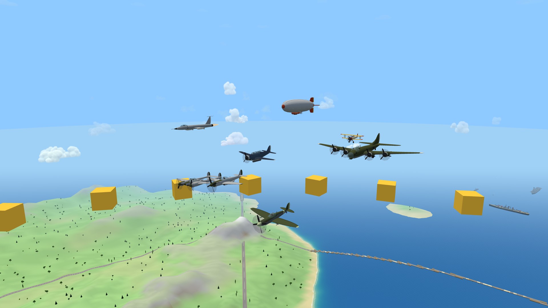 The original roster flying together over the island: a dark green Spitfire, a bare-metal P-51D Mustang, a twin-boom P-38, a Navy-blue TBF Avenger, a silver F-104, an olive-drab B-17, the yellow Skywriter biplane and the Marquee blimp, each in its own factory paint