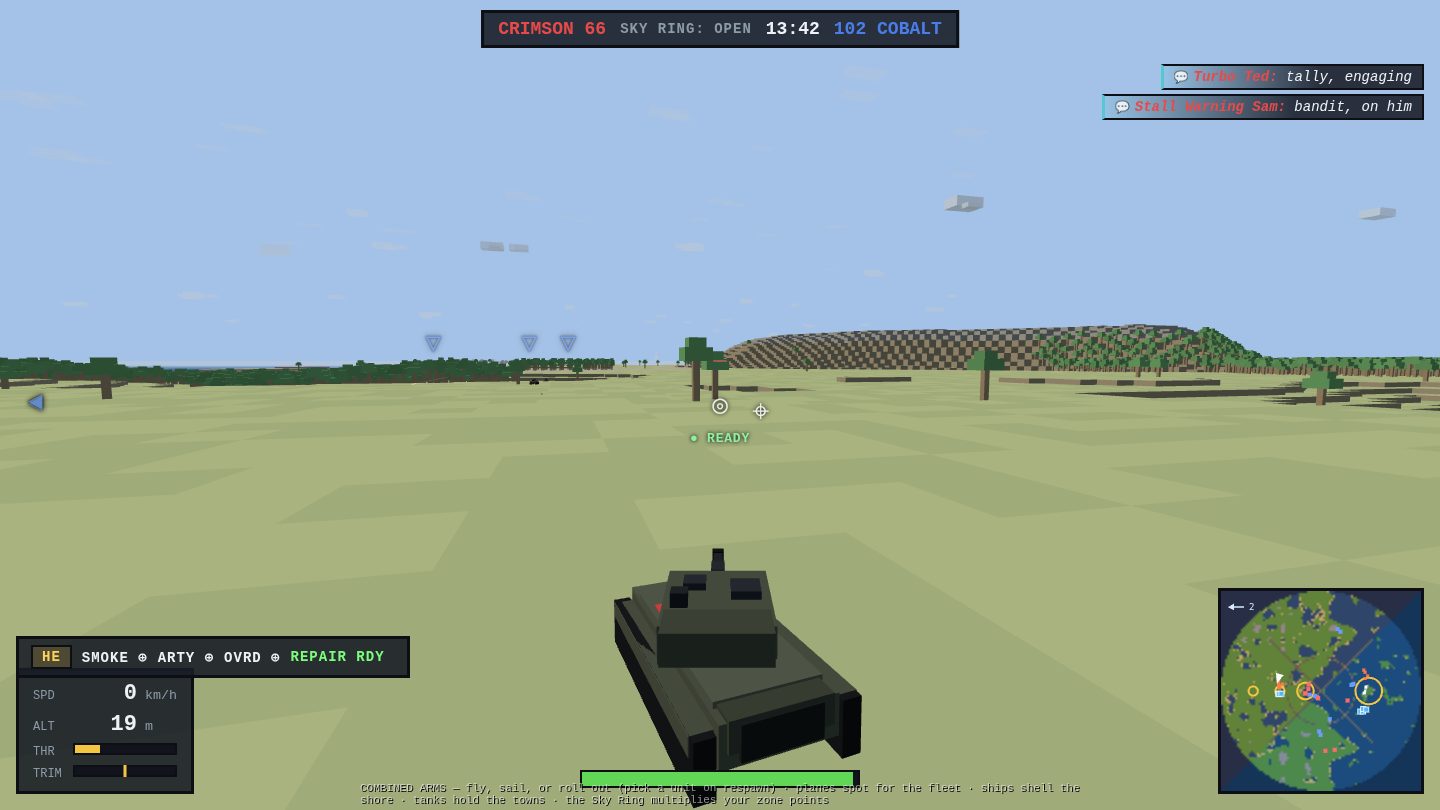 A main battle tank on the coastal steppe near a town, enemy contact carets over a treeline, the land crew panel showing smoke, artillery and overdrive chips