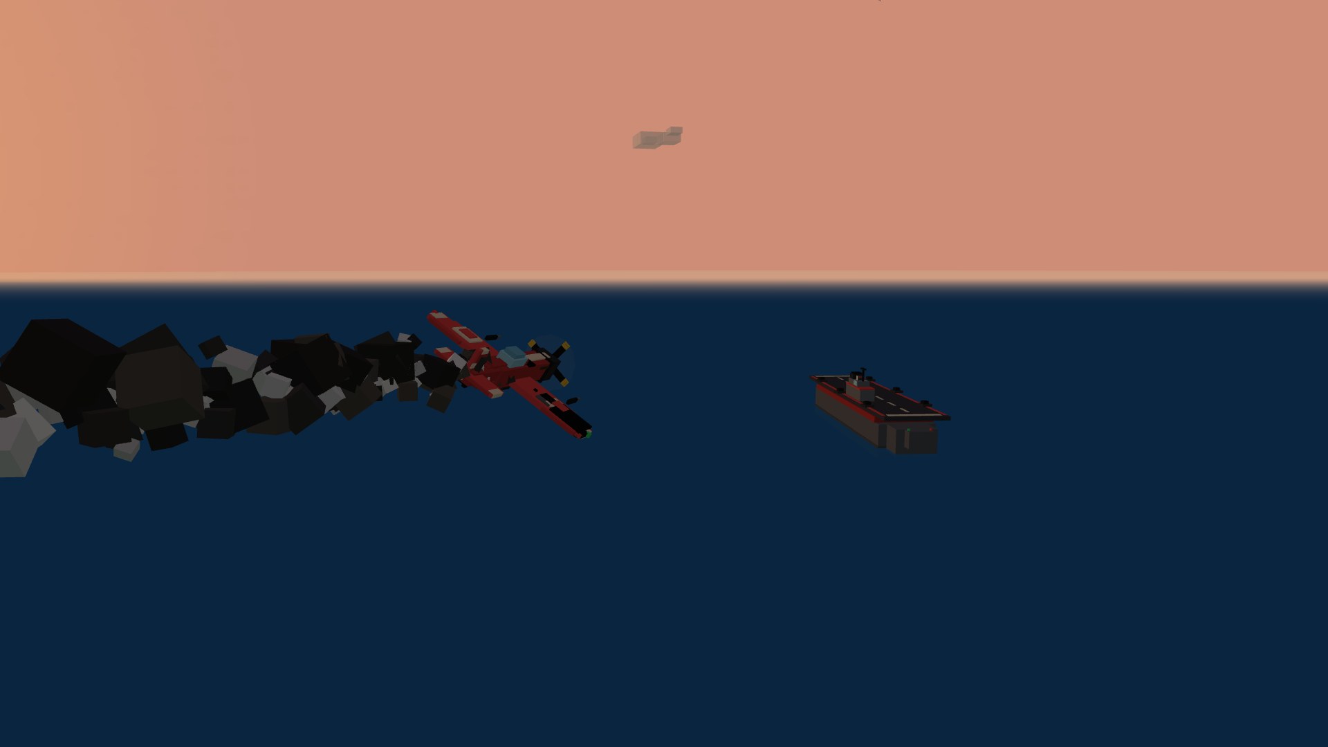 A battle-damaged crimson Thunderhead trailing engine smoke and a pale fuel-vapor streak, listing toward its shot-up wing over the sea at sunset with a carrier on the horizon