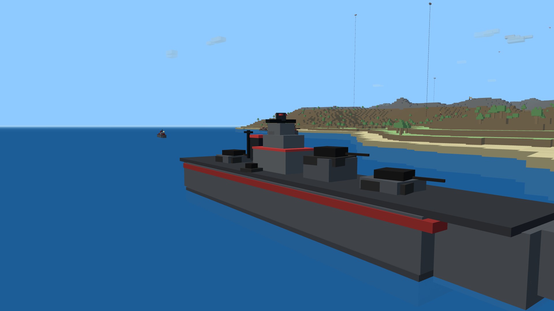 A close view of the battleship from the bow quarter, all three main-battery turrets trained out