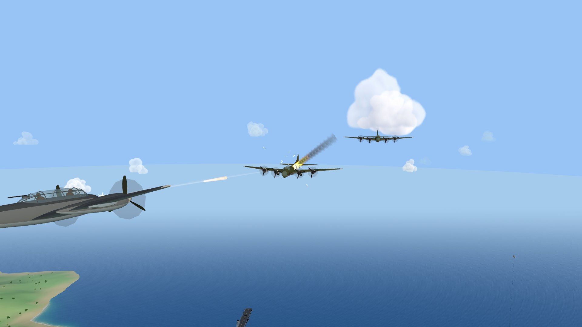 A twin-engine Bf 110 firing its nose cannon head-on into a B-17 whose engine is burning, a second bomber beyond