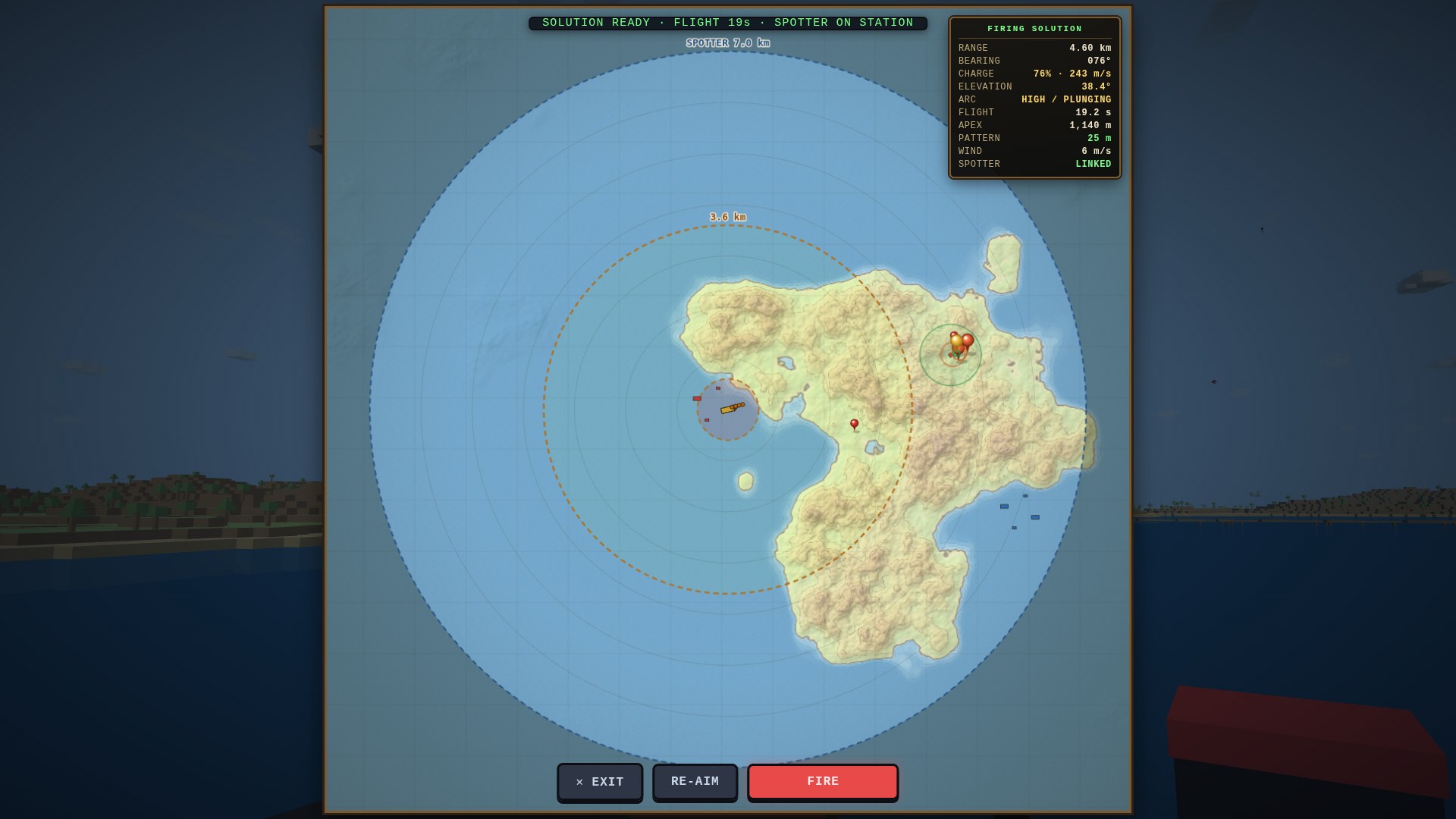 The battleship gunner's plotting table: a full-screen fire-control chart with the direct-fire ring, a wider dashed spotter range, a friendly plane's green view bubble lifting the fog over a cluster of enemy targets, and a solved fire mission ready to fire