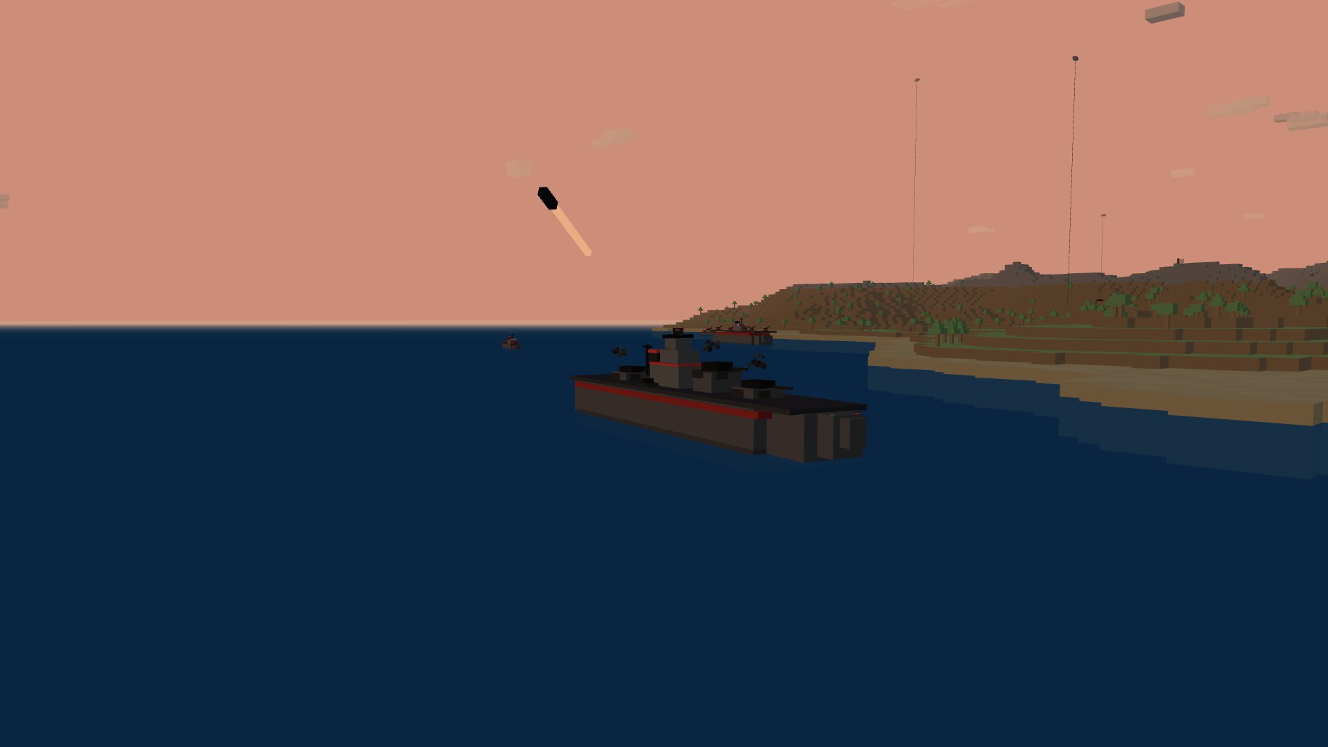 The battleship's main battery firing a salvo at dusk, shells arcing away