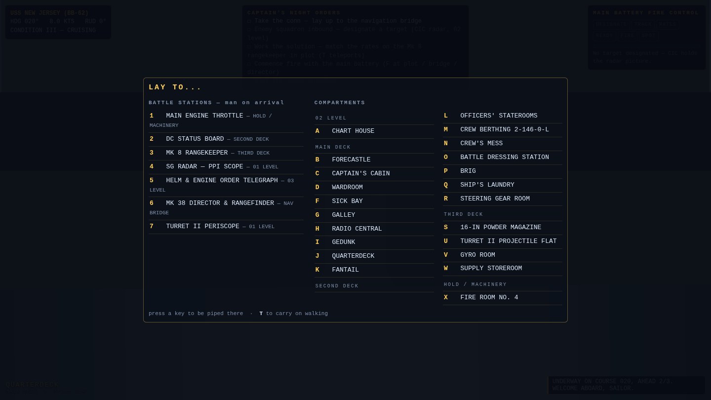 The teleport menu: battle stations listed by number on the left, and every compartment grouped by deck with a letter key on the right