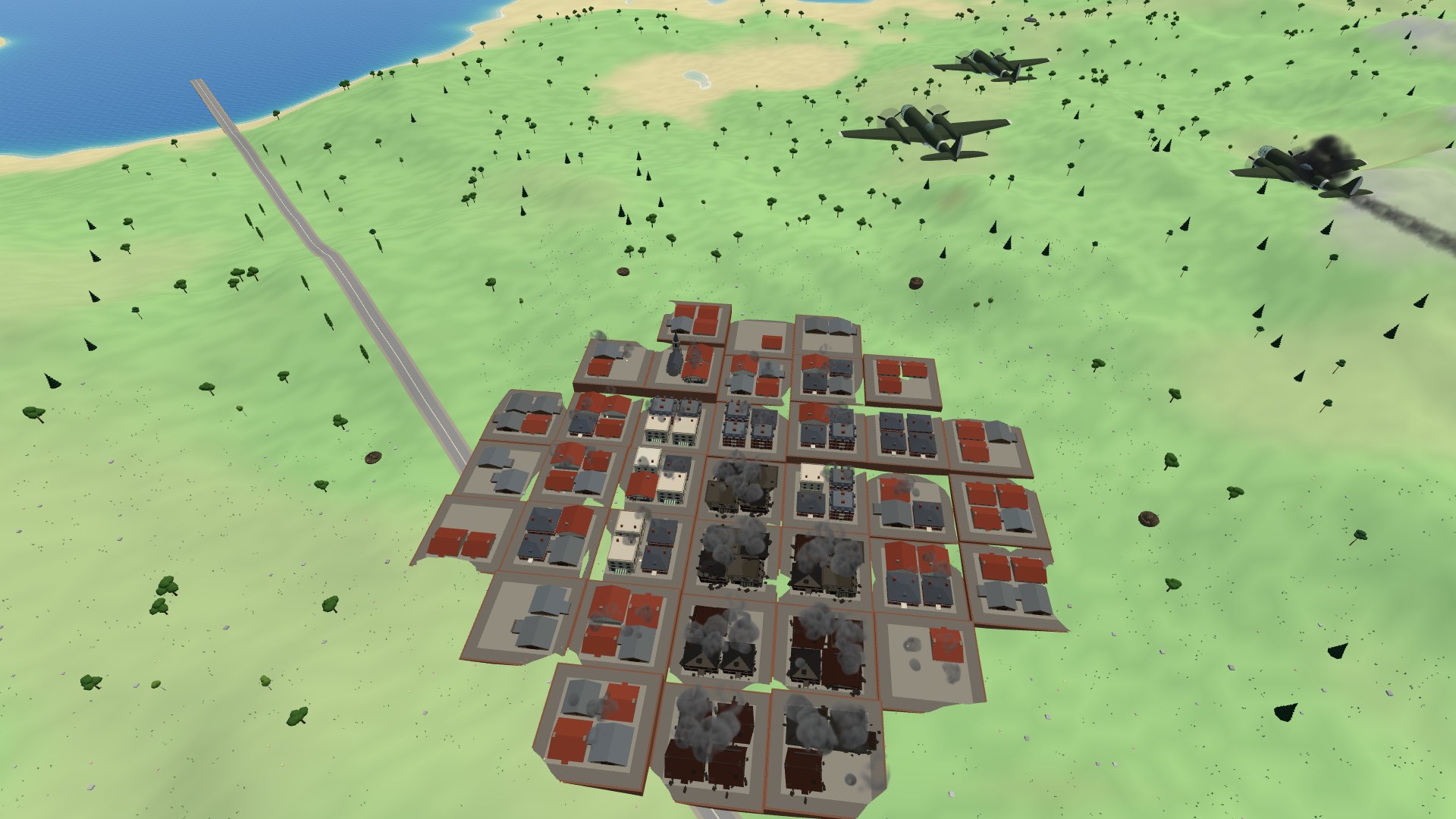 A vic of three He 111 bombers, one trailing smoke, crossing a blocky red-roofed town of terraced city blocks on a green hillside, a swath of the town already rubble with grey smoke rising from it