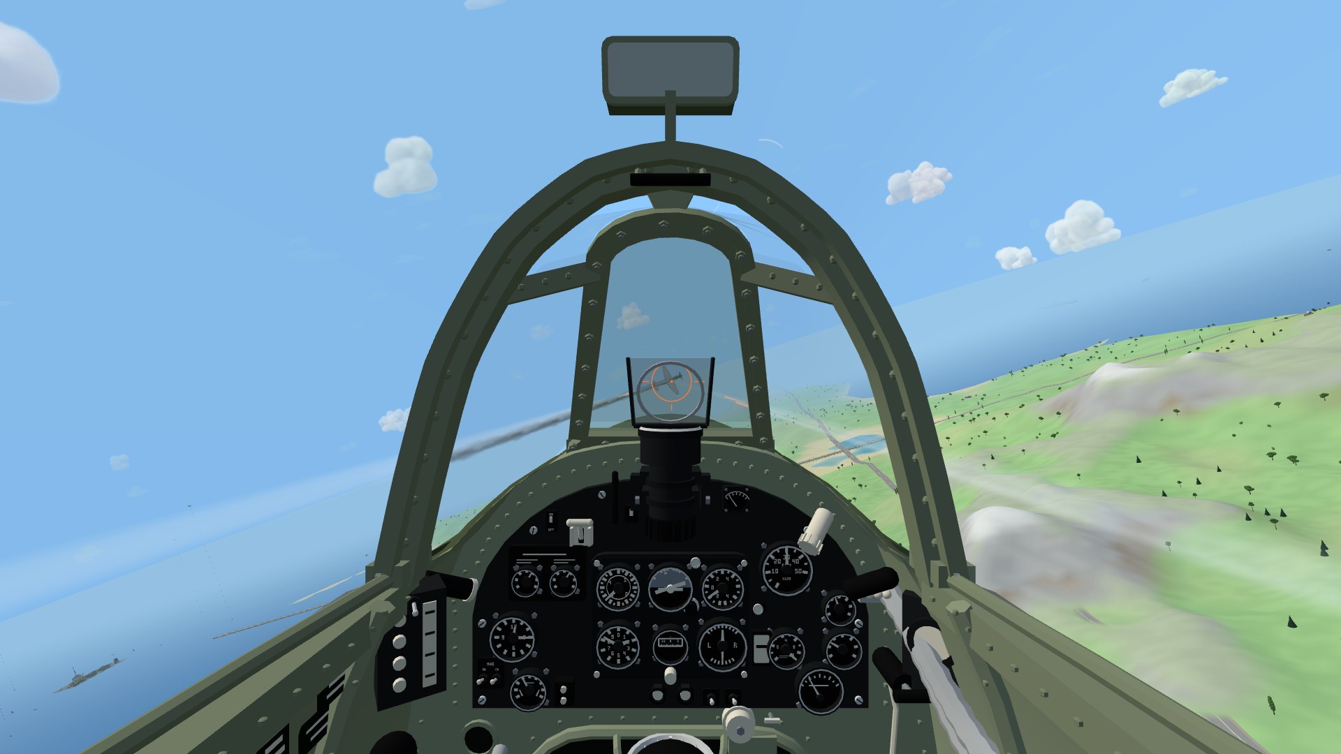 The view from a Spitfire's cockpit: the riveted windscreen arch, the black instrument panel below, and on the reflector gunsight's glass an orange ring with a cobalt fighter trailing smoke inside it, banking over the island coast