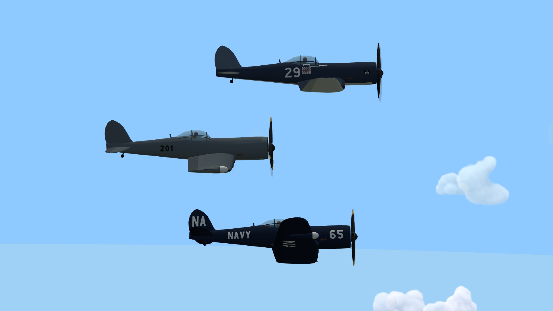 Three Corsairs in a loose stack off the right side: the top one dark sea blue with a big white 29, a grid of red-and-white kill flags and a small black skull-and-crossbones flag on the cowl; the middle one weathered grey with a black 201 and a white radar dome under its wingtip; the bottom one glossy dark blue, banked to show white NA letters and a radar pod under its wing, with NA on the tail, NAVY down the fuselage and 65 on the cowl