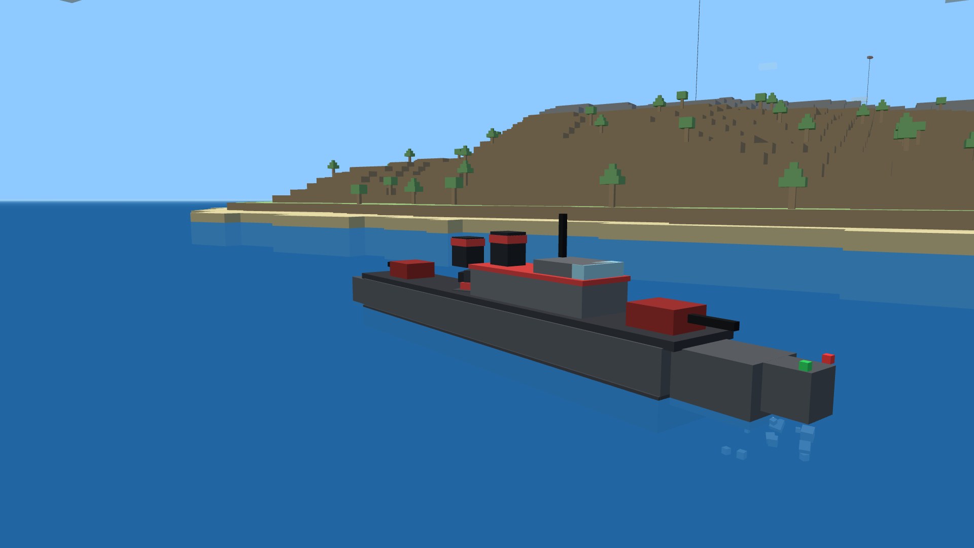A close three-quarter view of a destroyer escort's hull, funnels and turrets on open water
