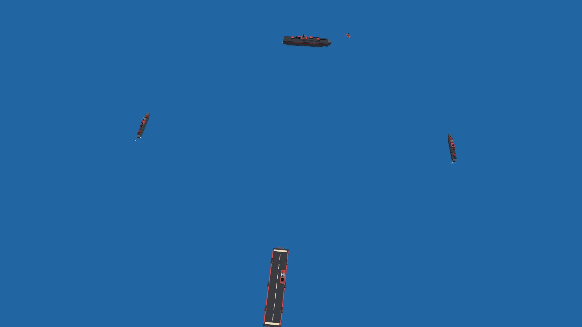 A naval task force in a diamond formation: a battleship leading broadside-on, two destroyer escorts on the beams, and a carrier bringing up the rear, with a fighter overhead