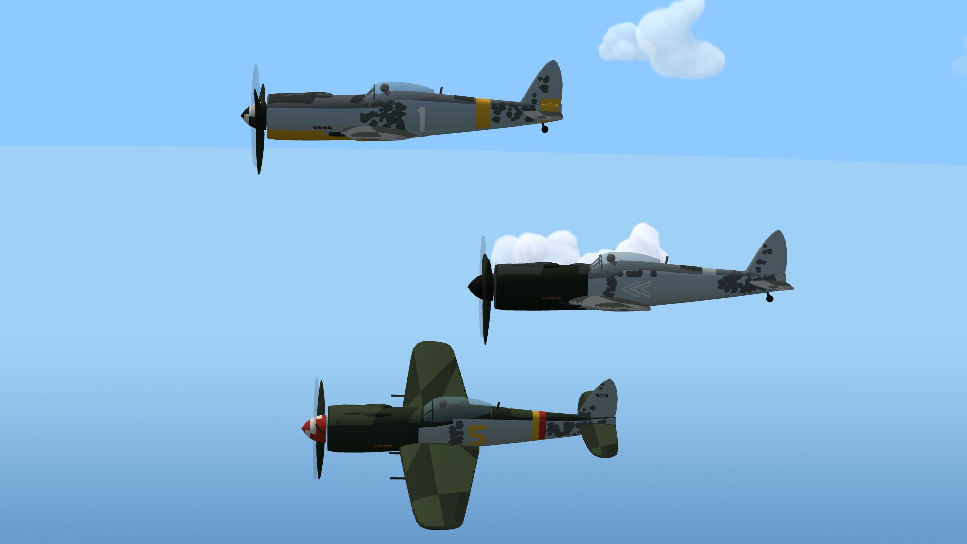 Three Fw 190s stacked like a page of profile plates: the top one grey with dark green-grey dapples, a yellow chin, a yellow band round the fuselage, a yellow tail and a big white 1; the middle one with a black-green nose back to the windscreen, a pale grey dappled rear fuselage and a double chevron drawn in a white line; the bottom one black-green on top with a red spiral spinner, a yellow 5, and a yellow and red band round the tail