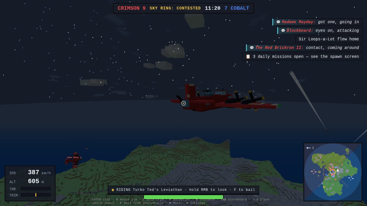 First-person from a Leviathan's tail-gun station, freelooking: the bomber's blue fuselage, wing and twin tail turrets fill the frame over the Brick Sea coastline, with a chip along the bottom reading RIDING Duchess Divebomb's Leviathan — hold RMB to look — F to bail