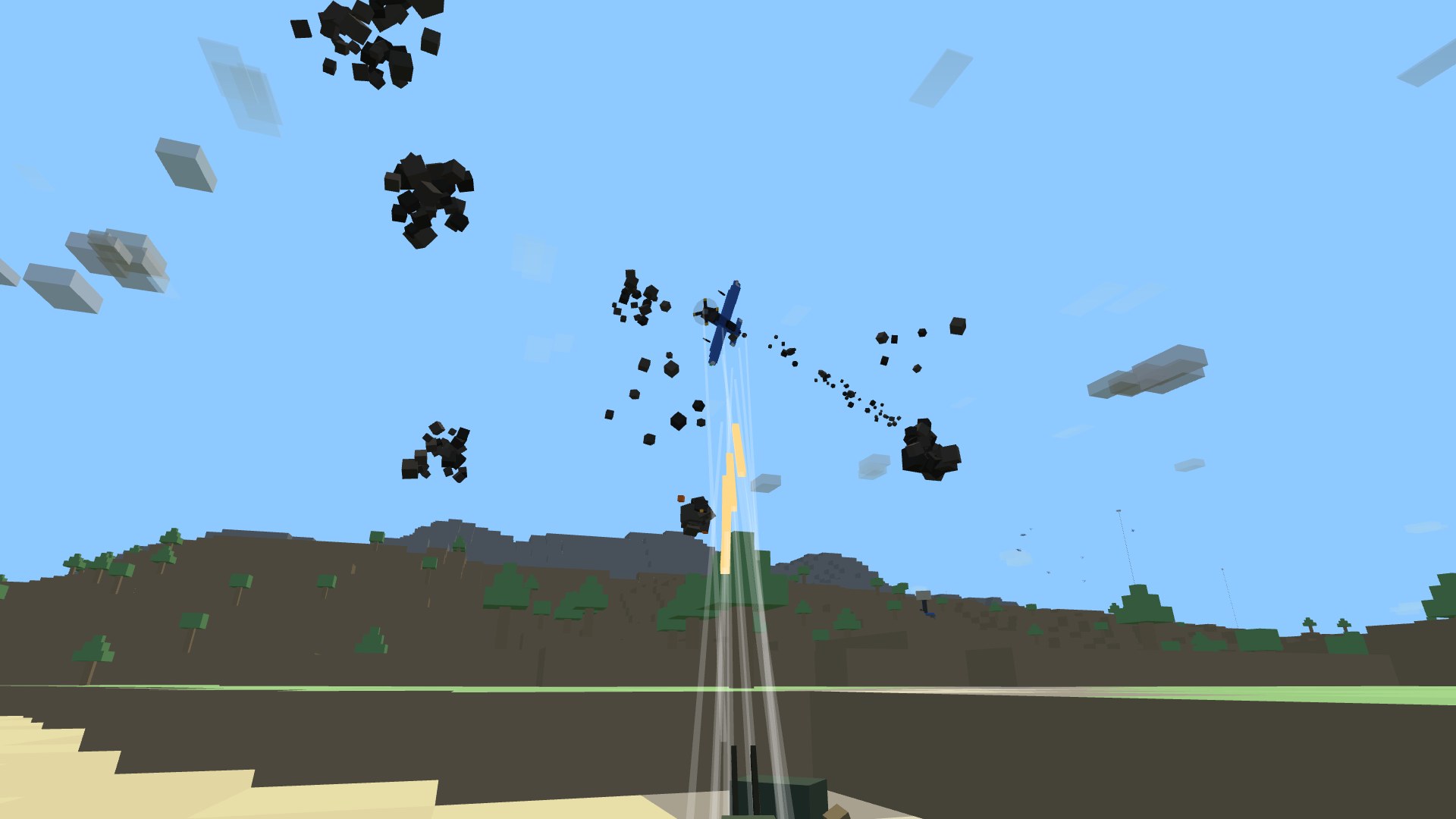 A quad 20 mm anti-aircraft half-track firing a cone of tracers up at a banking, smoking fighter through bursting flak