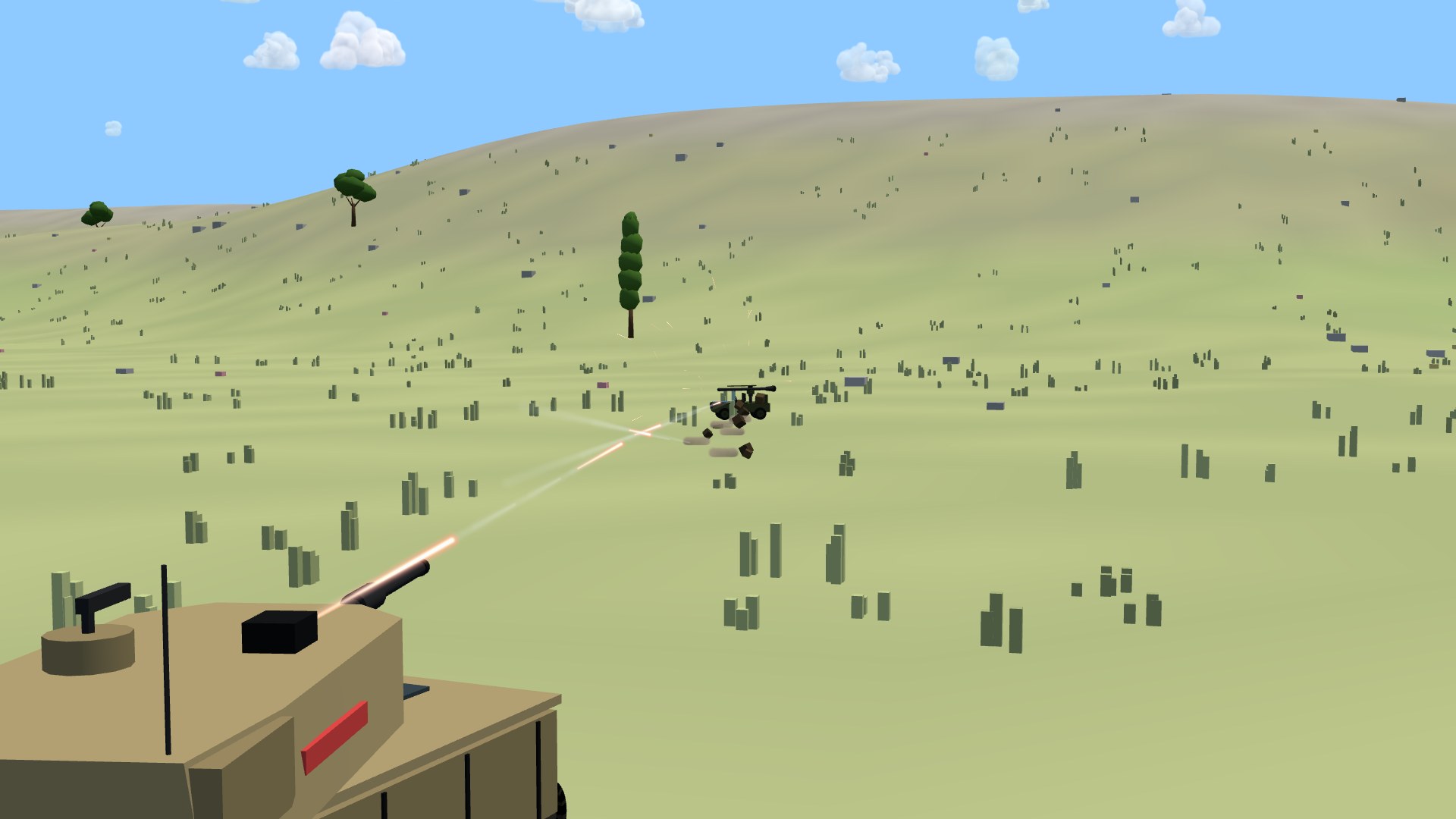 Over an Abrams' turret: a stream of machine-gun tracer leaving the mantlet beside the main gun and running out across the grass, a line of dirt kicked up short of a gun truck downrange and sparks flying off its flank