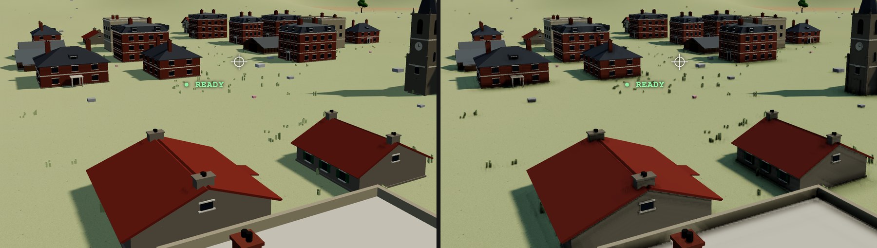 The same view of a red-roofed market town on the steppe, twice: on the left the walls and ground are evenly lit, on the right the eaves, wall feet, roof parapets and grass tufts carry soft shade