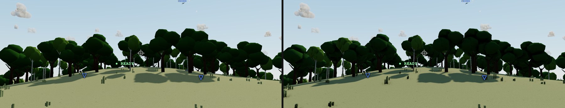 A wood on a grassy rise, twice: on the right the overlapping tree canopies separate with shade where they meet and the grass tufts in the foreground are grounded