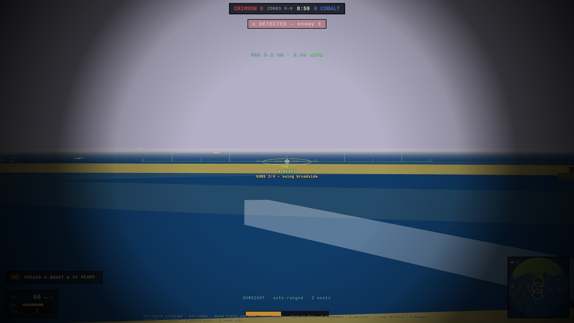 The naval binocular gunsight: a magnified vignetted view of the sea horizon with a long horizontal lead scale of notched ticks, the gold dispersion ellipse riding the water at the aim point, the rangefinder reading RNG 5.2 km AUTO, and enemy silhouettes with shell trails on the horizon