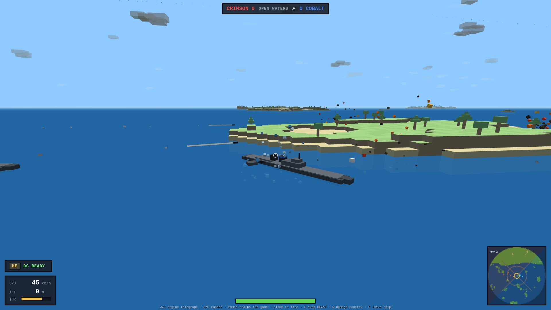A blocky destroyer firing its main battery across open water, a shell trail leaving the guns and high-explosive rounds bursting on the target ahead