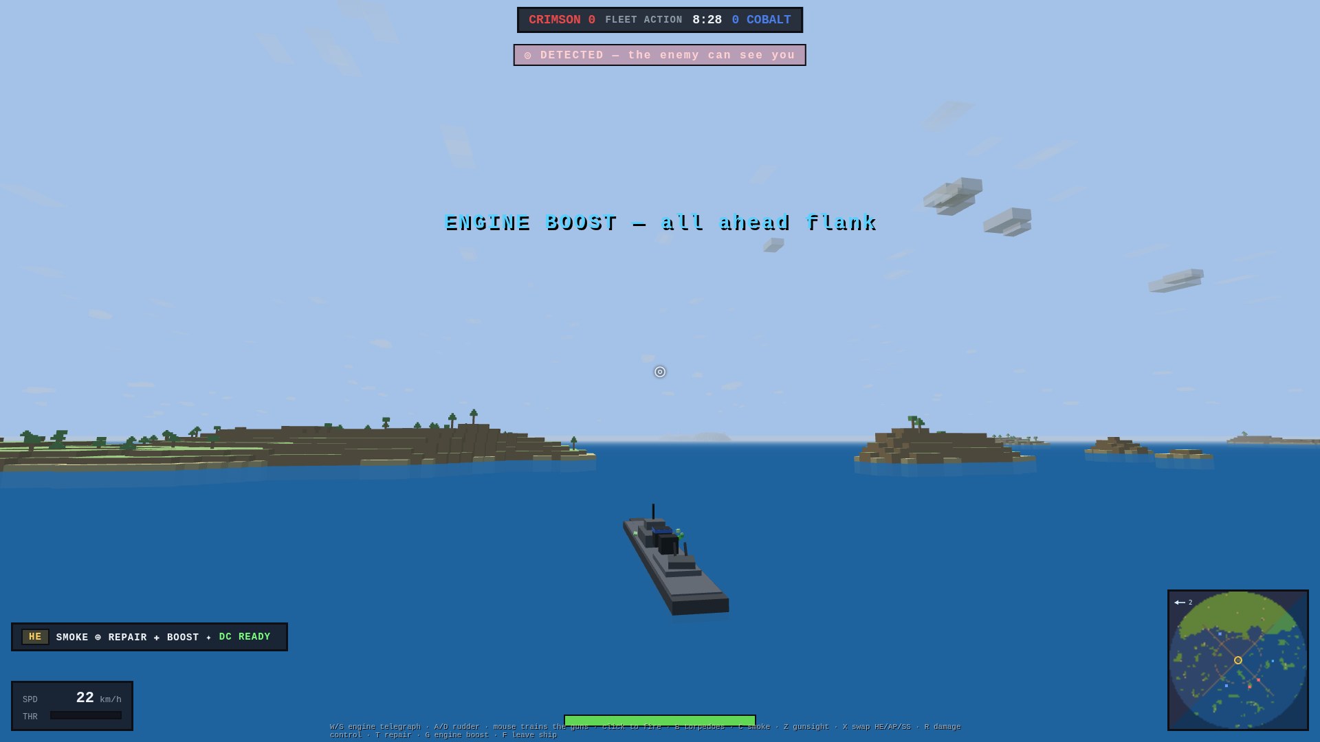 A warship under engine boost on open water, its conning panel reading the loaded shell, smoke, repair party and engine boost active, and damage control ready