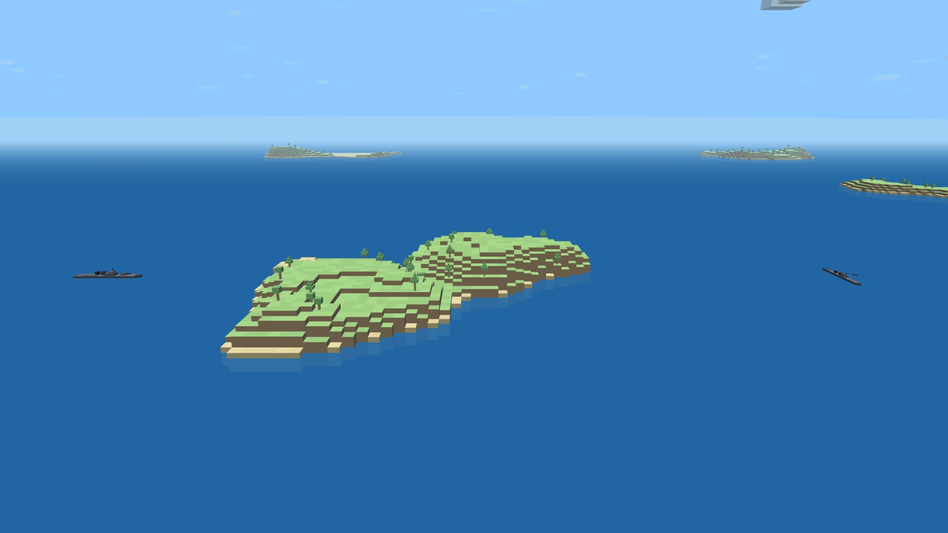 Two warships on opposite sides of a wooded island on the open sea — a destroyer to one side and a cruiser to the other, the island's high ground breaking the line of sight between them