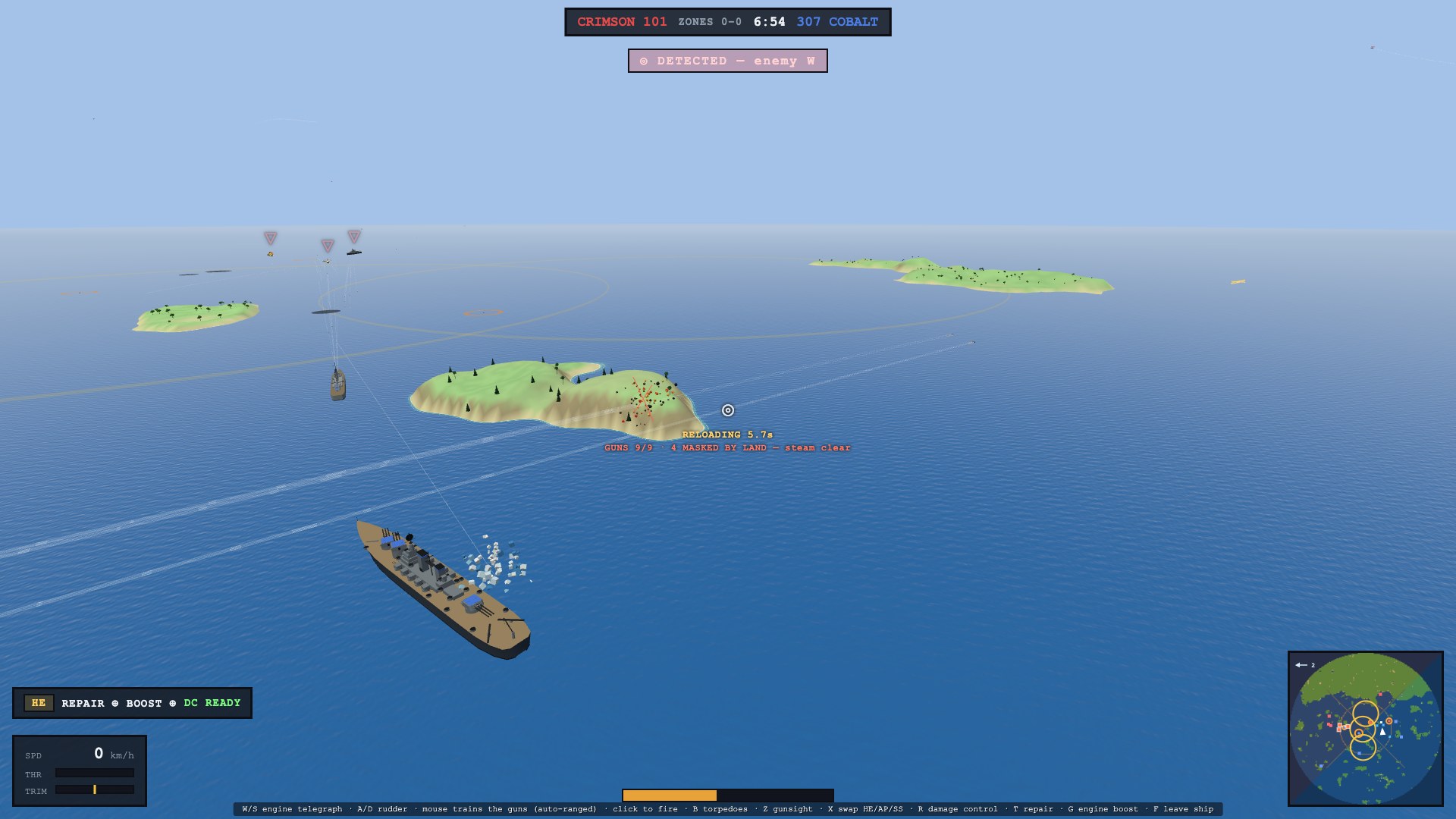 An Iowa fires across open sea at an enemy beyond a wooded island; a thin red X stands on the island's crest and her shells burst right on it, while the readout under the sight reads GUNS 9/9 · 4 MASKED BY LAND — steam clear in red