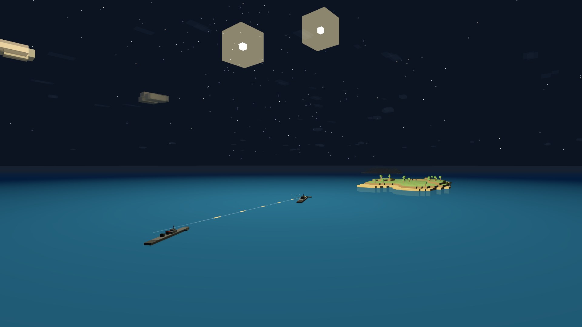 Two star-shell flares hanging in the night sky over the open sea, their light pooling across the water and lifting two warships out of the dark as one fires on the other