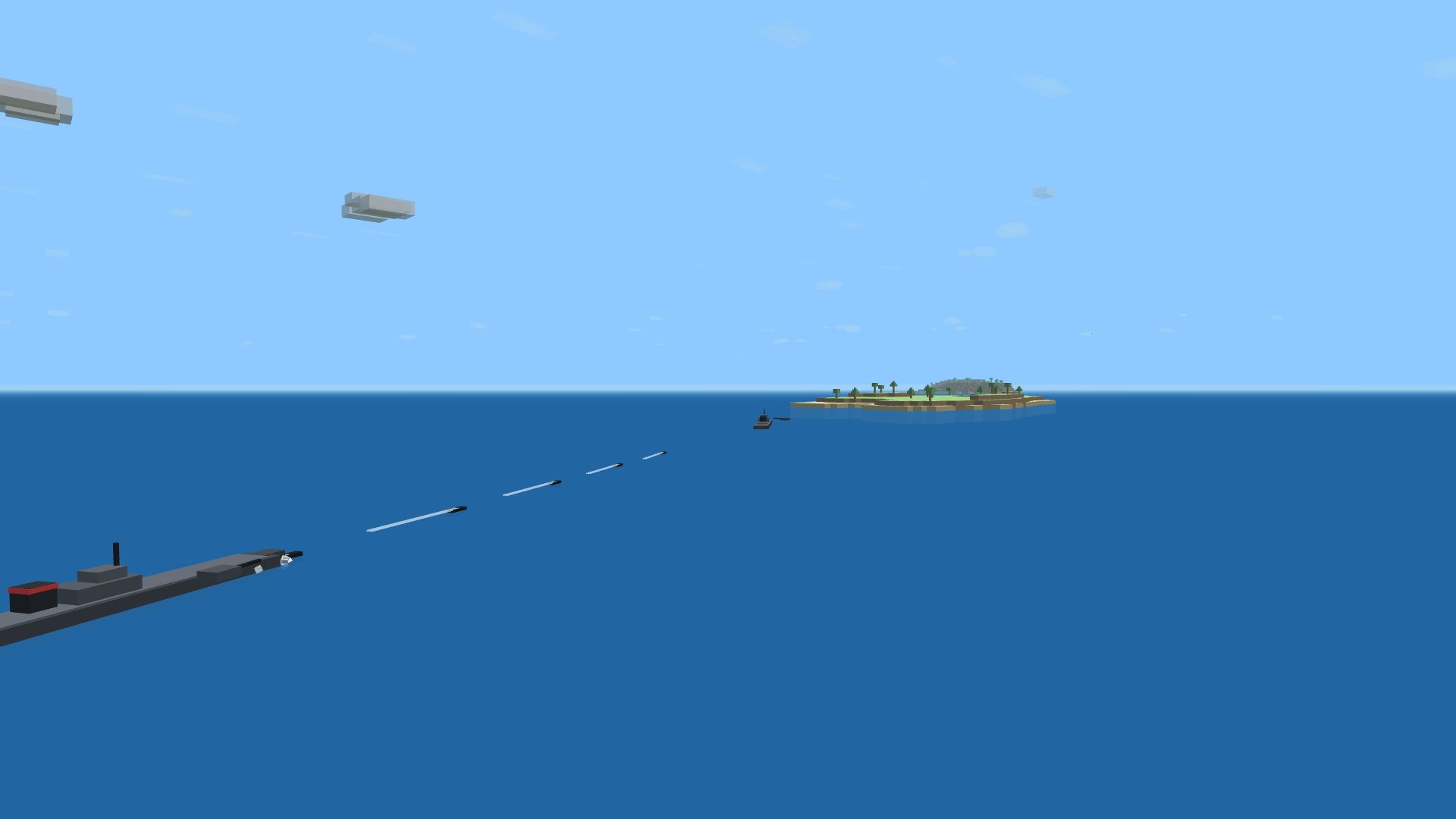 A destroyer launching a fan of torpedoes across open sea, five parallel wakes streaking from her tubes toward a distant cruiser
