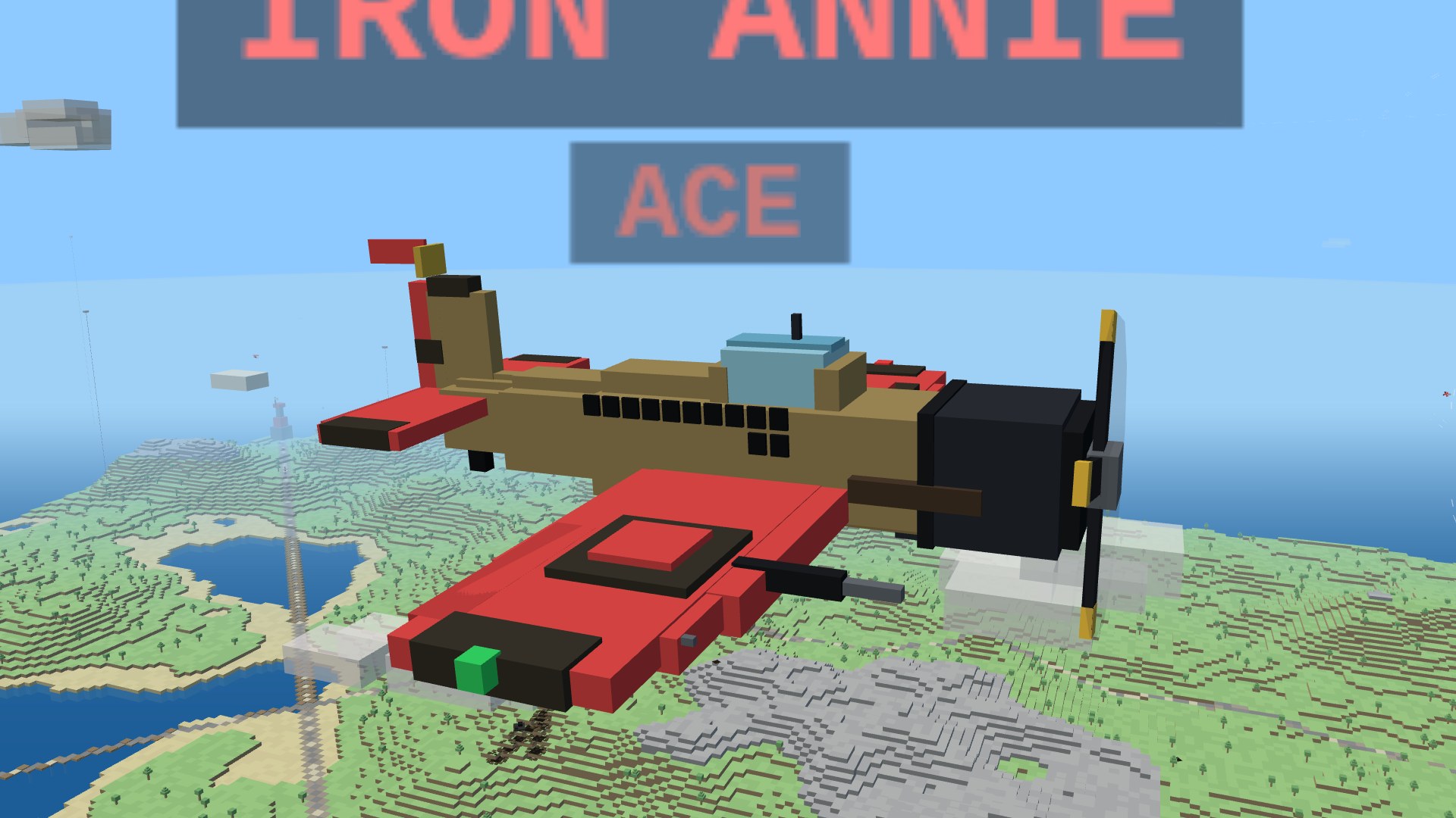 A crimson-team Sparrowhawk repainted in a sand Duneworn scheme (sand fuselage, crimson wings) with a row of twelve dark kill-mark stencils stacked under the cockpit, a small team pennant on the fin, and a two-line floating nameplate reading IRON ANNIE with the title ACE beneath it