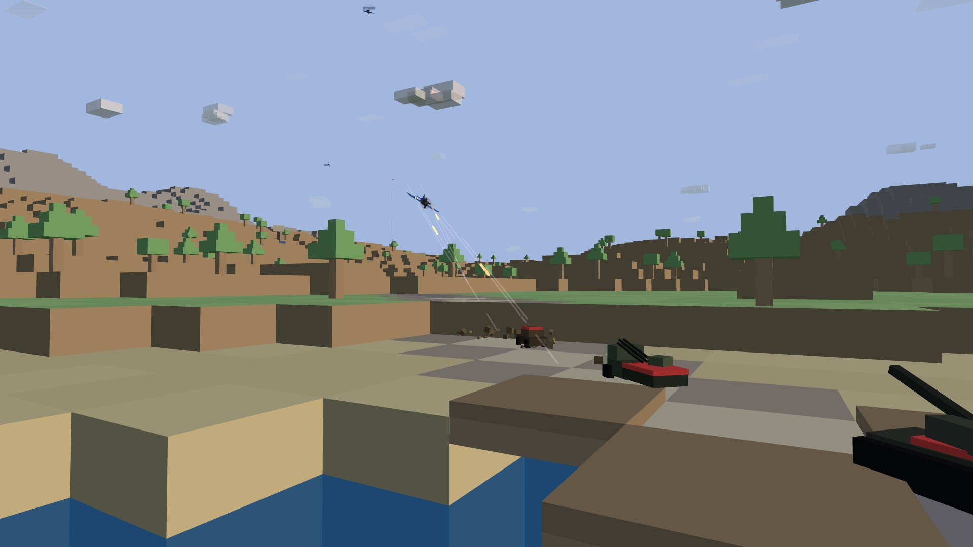 A scout car leading an armored column up the road, machine gun snapping back at a fighter strafing the convoy