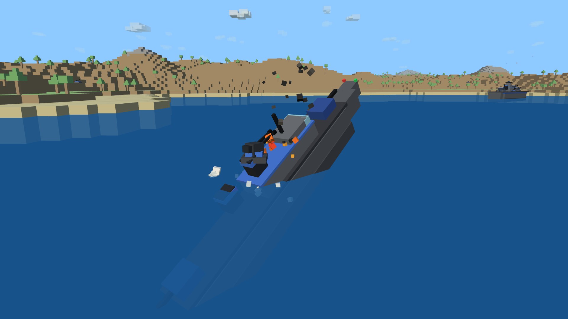 A torpedoed destroyer listing hard and going down by the head, on fire amidships