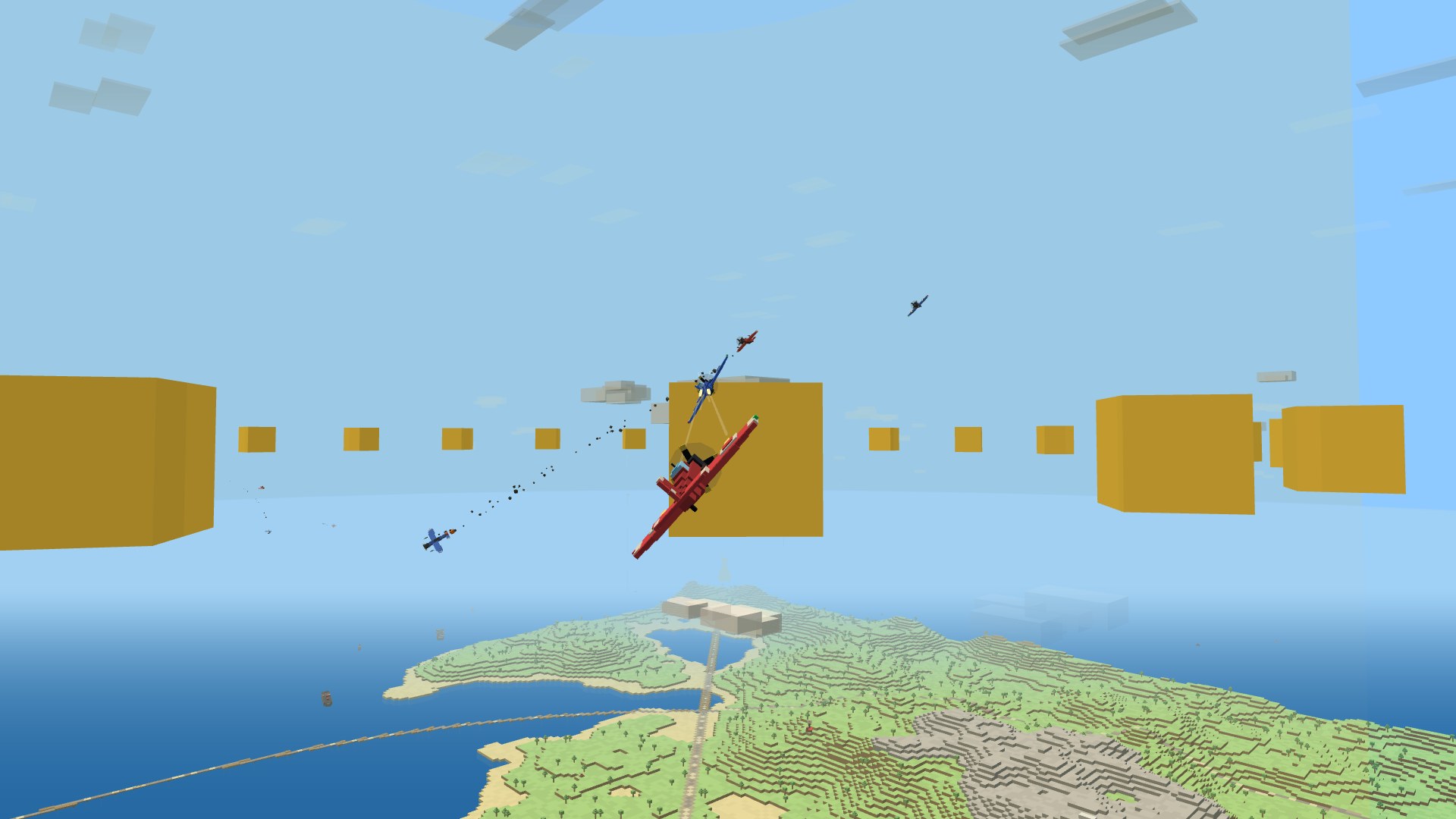 A crimson Sparrowhawk firing on a cobalt Thunderhead beside the Sky Ring's golden blocks