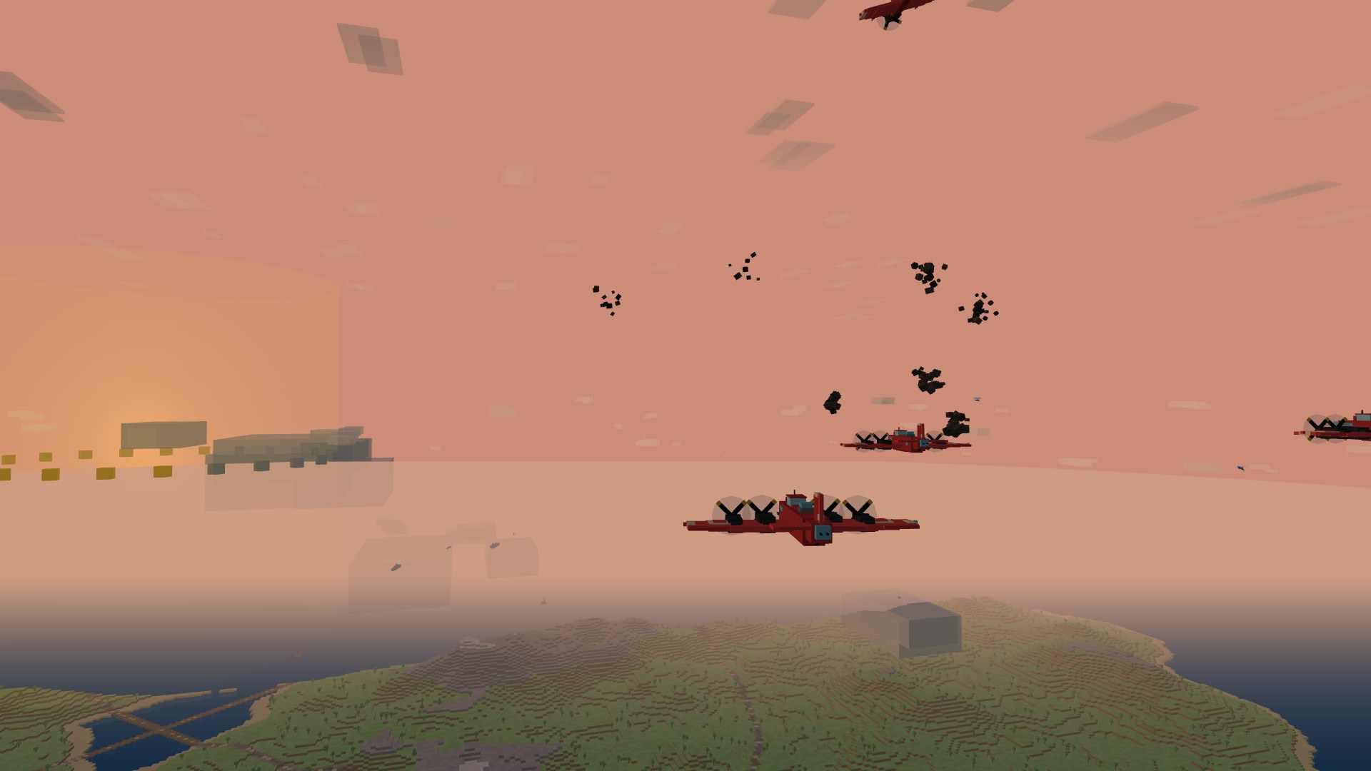 A vic of Leviathan heavy bombers flying through flak bursts at sunset