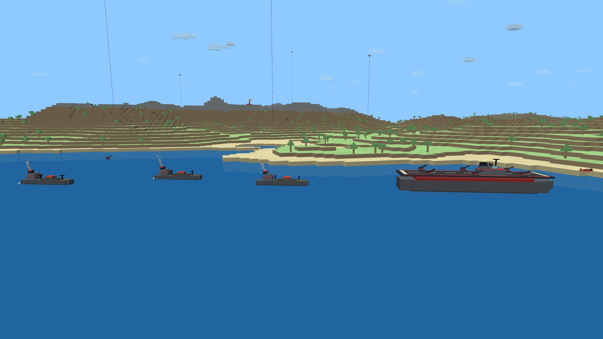 A line of supply freighters with smoking funnels steaming across open water toward an aircraft carrier
