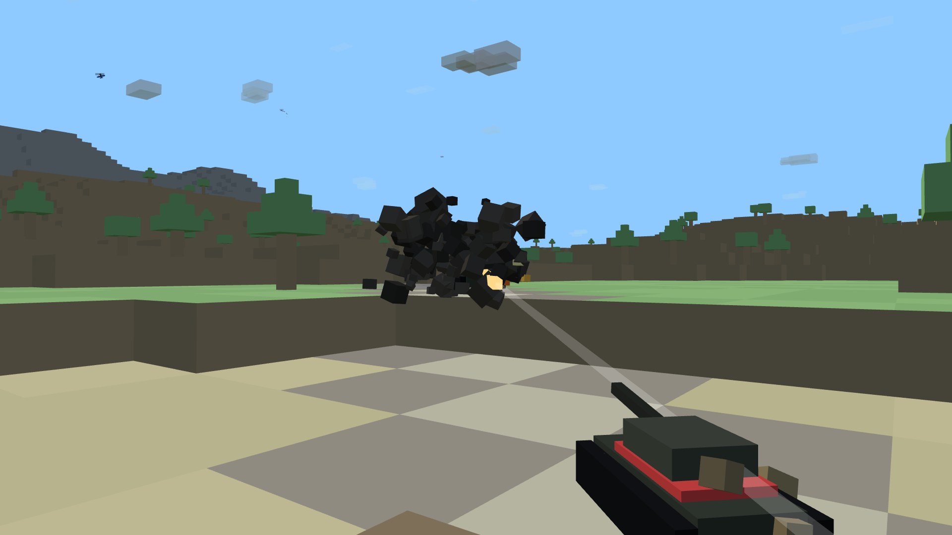 A heavy tank firing its main gun across the road into an enemy tank brewing up in smoke and flame