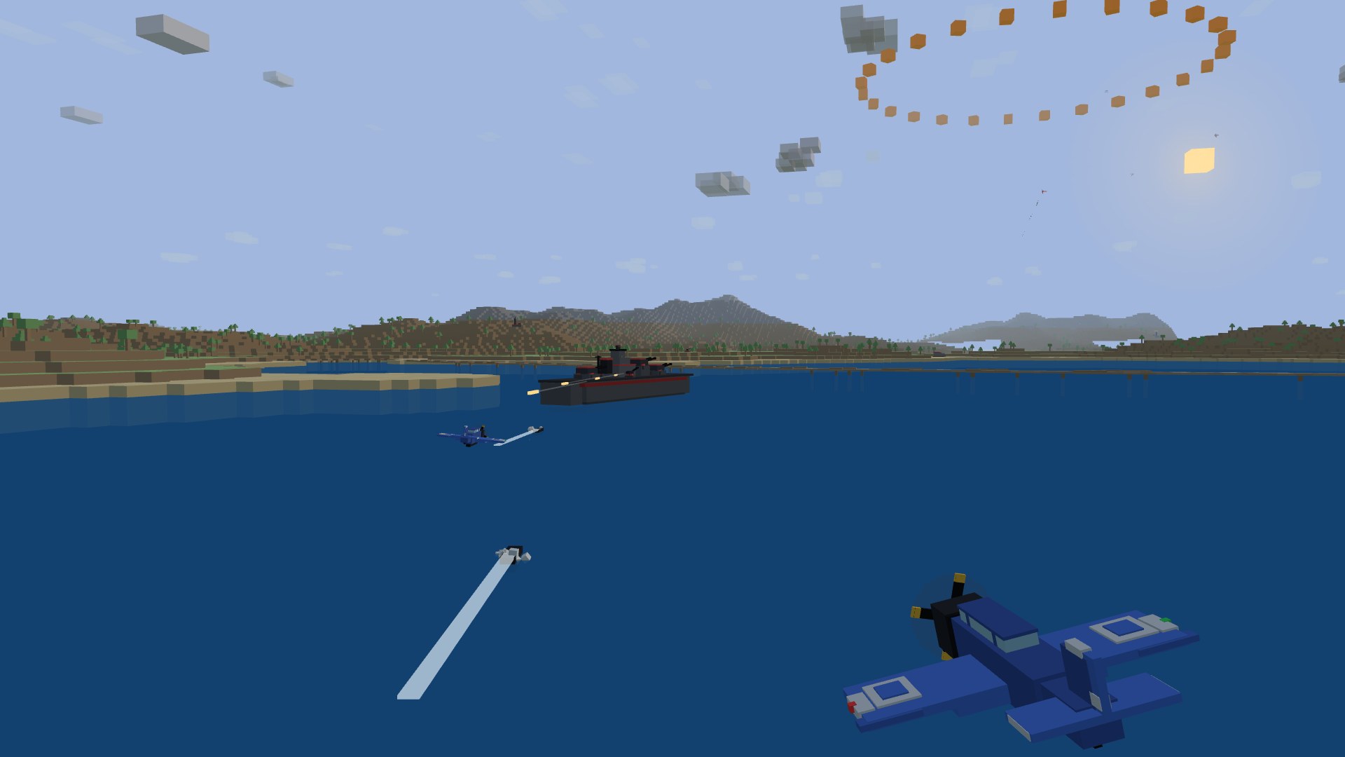 Two Swordfin torpedo bombers wave-top at dawn, torpedo wakes running toward a battleship
